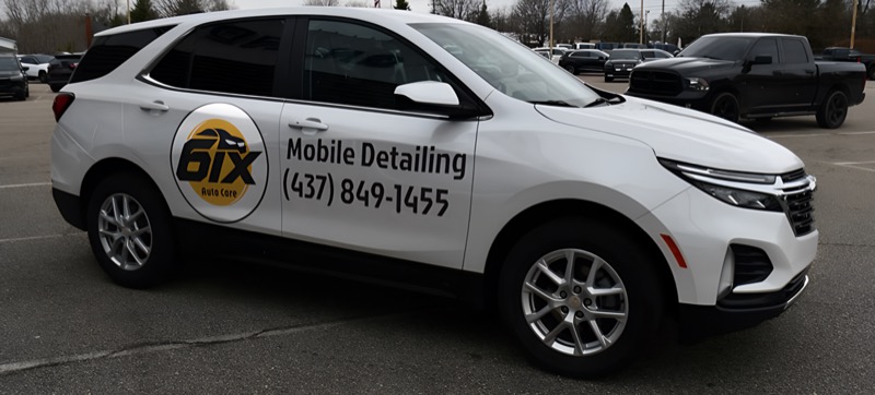 White Chevrolet Equinox with 6ix Auto Care Mobile Detailing branding — call (437) 849-1455